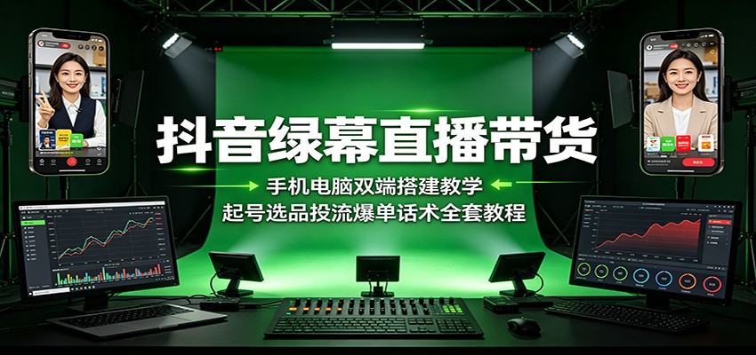 抖音绿幕直播带货：手机电脑双端搭建教学，起号选品投流爆单话术全套教程-云创网