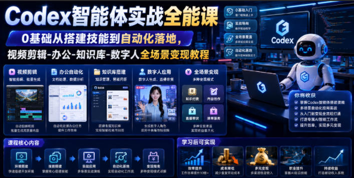 Codex智能体实战全能课｜0基础从搭建技能到自动化落地，视频剪辑-办公-知识库-数字人全场景变现教程-云创网