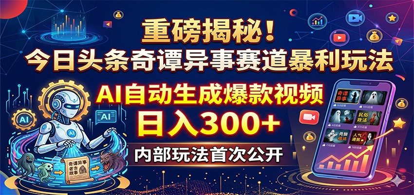 重磅揭秘！今日头条奇谭异事赛道暴利玩法：AI自动生成爆款视频，日入300+-云创网