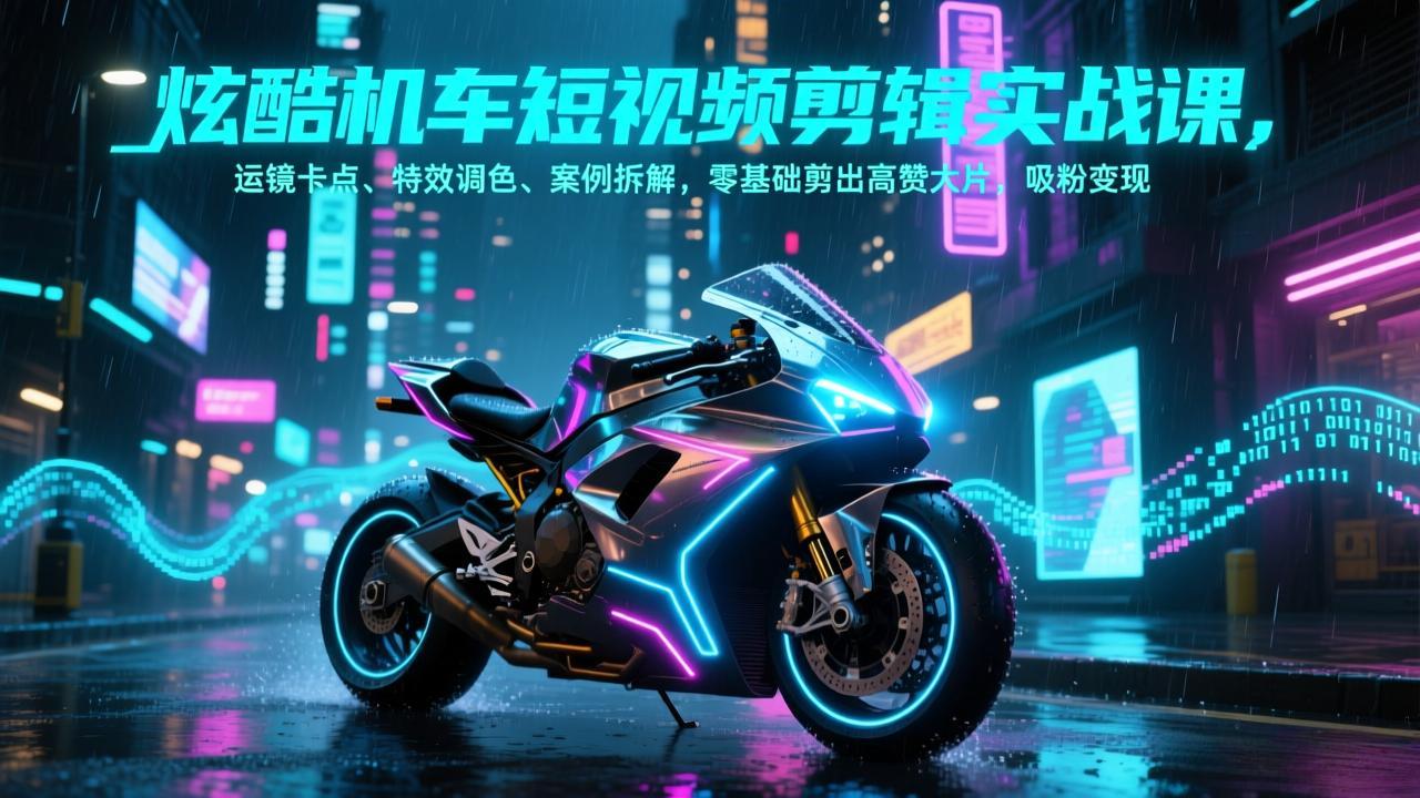 炫酷机车短视频剪辑实战课，运镜卡点、特效调色、案例拆解，零基础剪出高赞大片，吸粉变现-云创网
