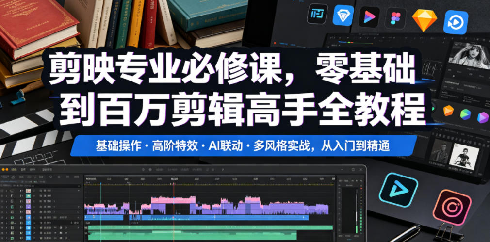 剪映专业必修课，零基础到百万剪辑高手全教程，基础操作・高阶特效・AI联动・多风格实战，从入门到精通-云创网