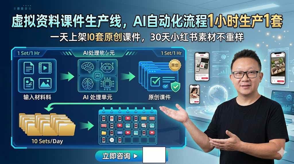 （19091期）虚拟资料课件生产线，AI自动化流程1小时生产1套，一天上架10套原创课件，30天小红书素材不重样-云创网