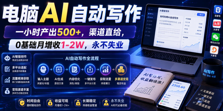 电脑AI自动写作，一小时产出500+，渠道直给，0基础月增收1-2W，永不失业【揭秘】-云创网