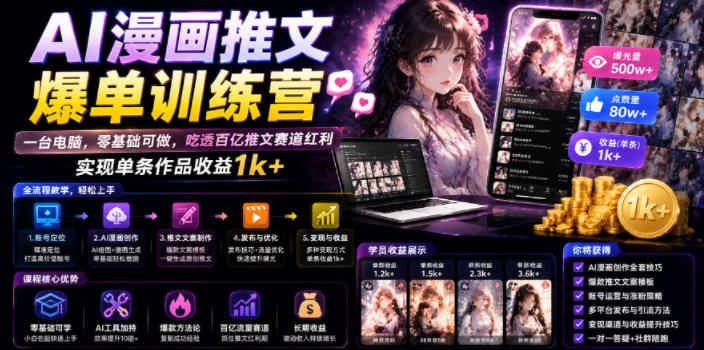 AI漫画推文爆单训练营，一台电脑，零基础可做，吃透百亿推文赛道红利，实现单条作品收益1k+（更新0705）-云创网
