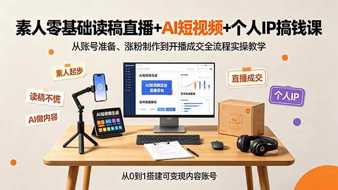 （19232期）素人零基础读稿直播+AI短视频+个人IP搞钱课，从账号准备、涨粉制作到开播成交全流程实操教学-云创网