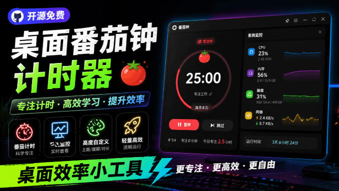 仅1.16MB，开源极简的桌面时钟、番茄钟计时器，还支持系统监控显示，桌面效率小工具Catime-云创网