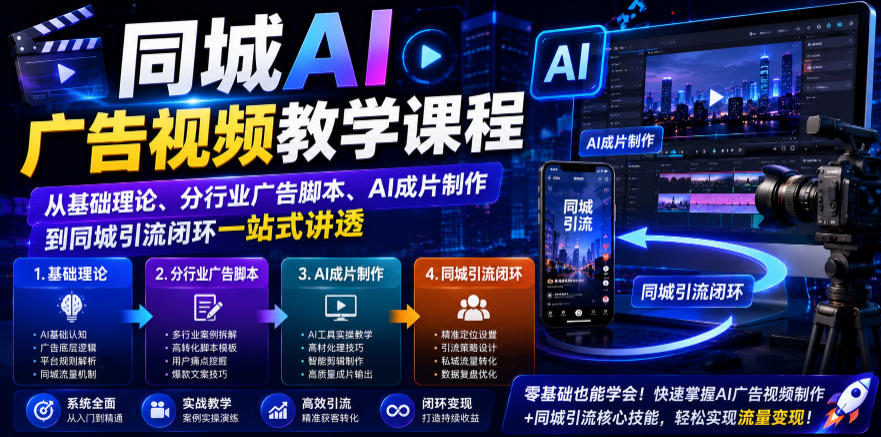 同城AI广告视频教学课程，从基础理论、分行业广告脚本、AI成片制作到同城引流闭环一站式讲透-云创网