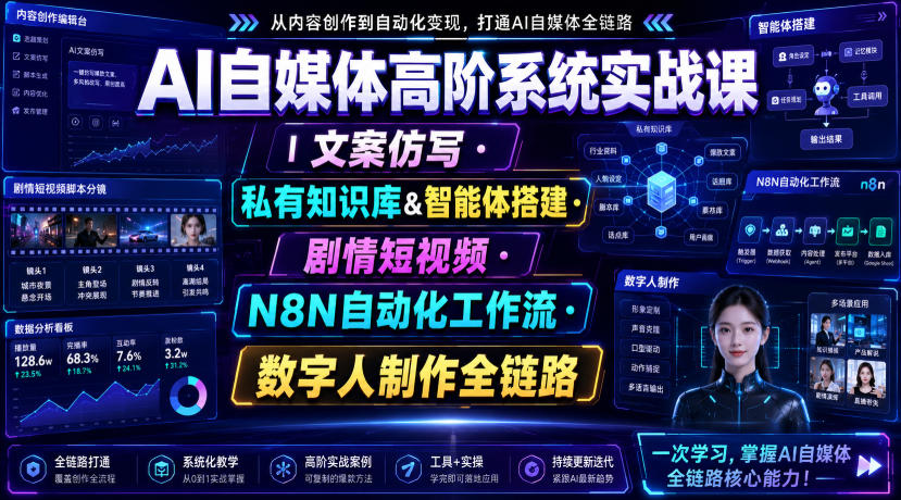 AI自媒体高阶系统实战课｜文案仿写・私有知识库&智能体搭建・剧情短视频・N8N自动化工作流・数字人制作全链路-云创网
