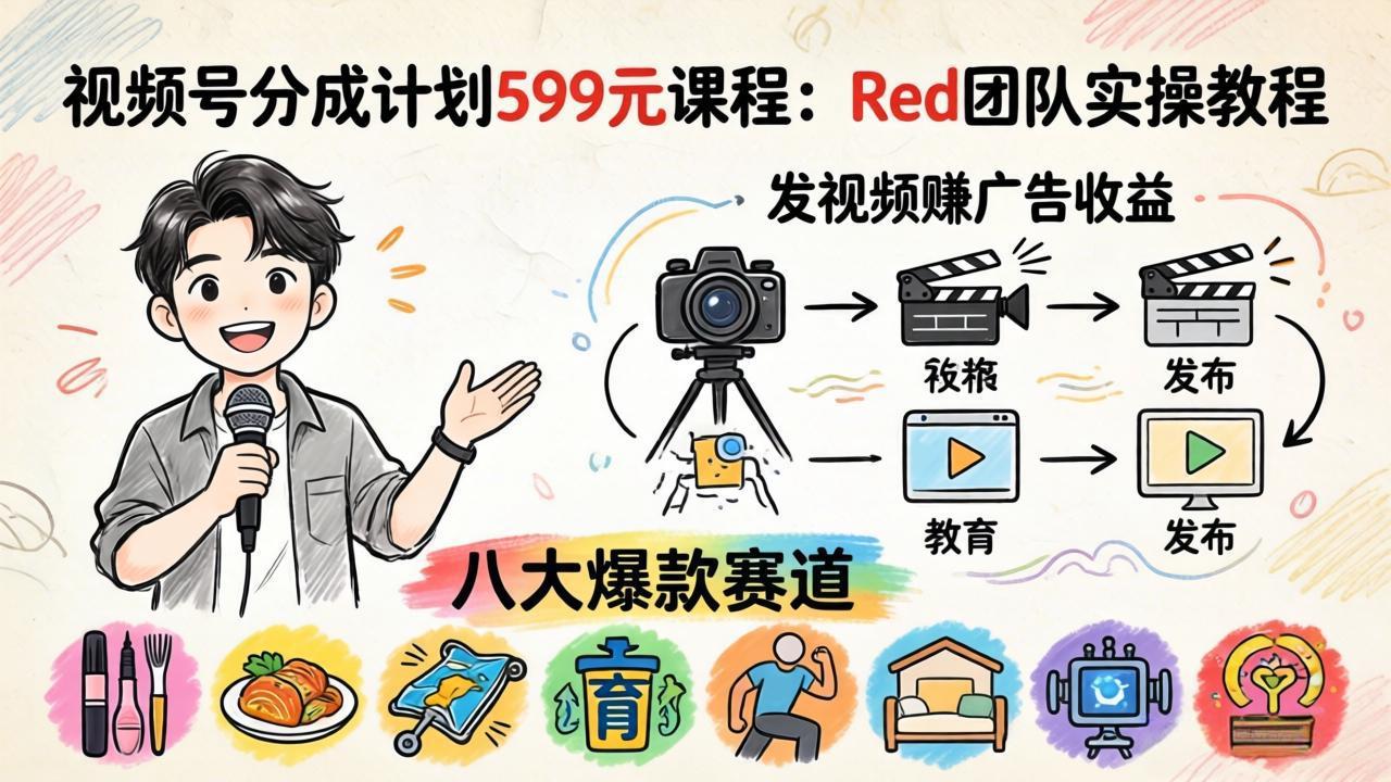 视频号分成计划599元课程：Red团队实操教程，发视频赚广告收益，八大爆款赛道全掌握-云创网