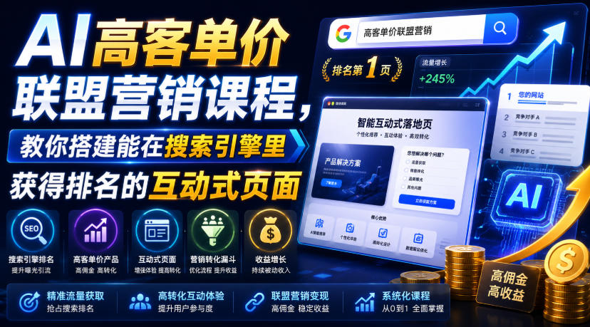AI高客单价联盟营销课程，教你搭建能在搜索引擎里获得排名的互动式页面，引来流量，把访客转化为高佣金的成交【原创双语字幕】-云创网
