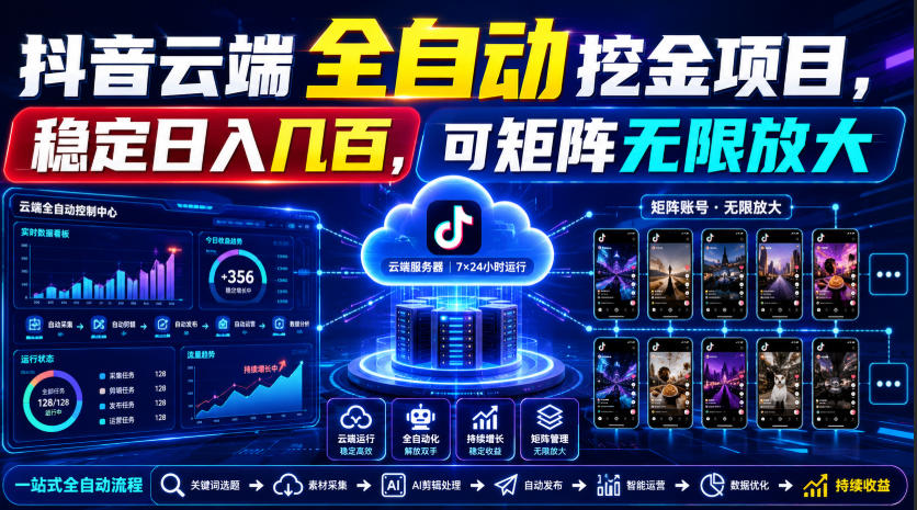 Dy云端全自动挖金项目，稳定日入几百，可矩阵无限放大！【揭秘】-云创网