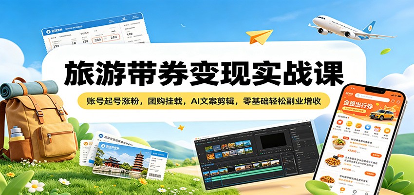 旅游带券变现实战课：账号起号涨粉，团购挂载，AI文案剪辑，零基础轻松副业增收-云创网