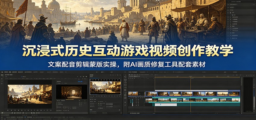 沉浸式历史互动游戏视频创作教学：文案配音剪辑蒙版实操，附AI画质修复工具配套素材-云创网