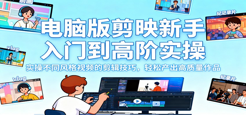 电脑版剪映新手入门到高阶实操，实操不同风格视频的剪辑技巧，轻松产出高质量作品-云创网