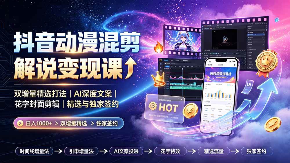 （19311期）抖音动漫混剪解说变现课：双增量精选打法｜AI深度文案｜花字封面剪辑｜ 精选与独家签约日入1000+-云创网