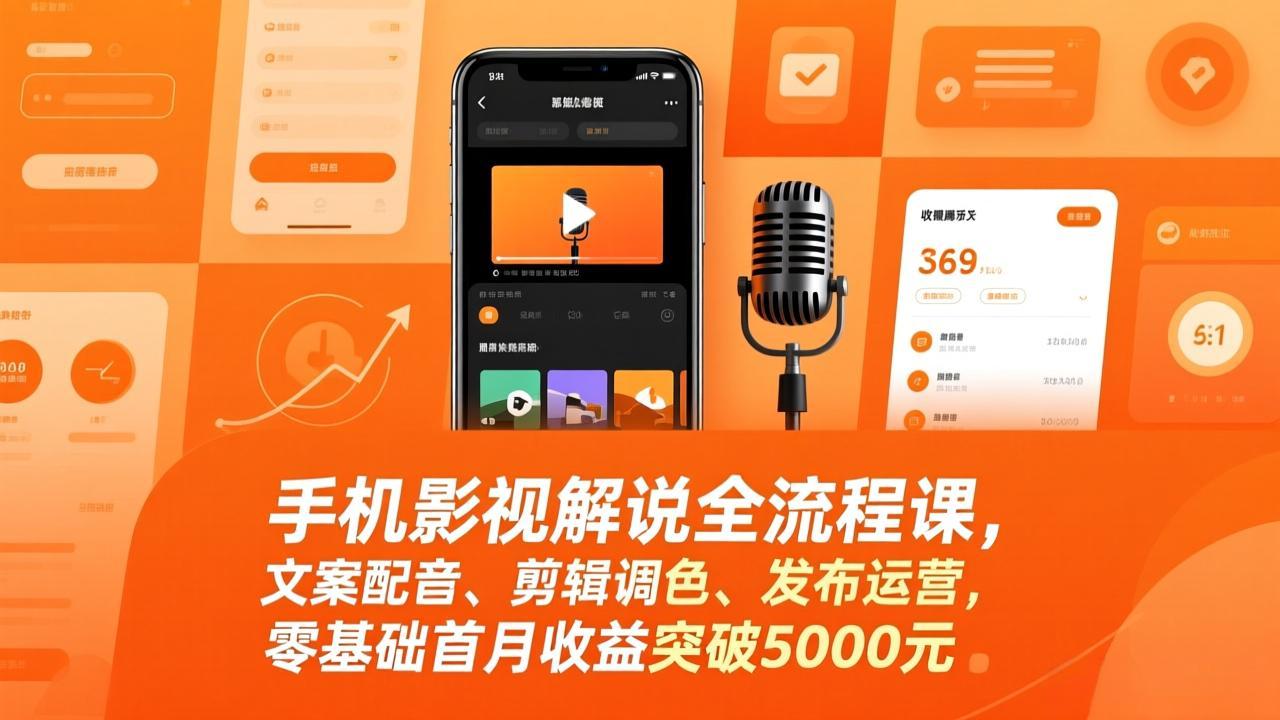 手机影视解说全流程课，文案配音、剪辑调色、发布运营，零基础首月收益突破5000元-云创网