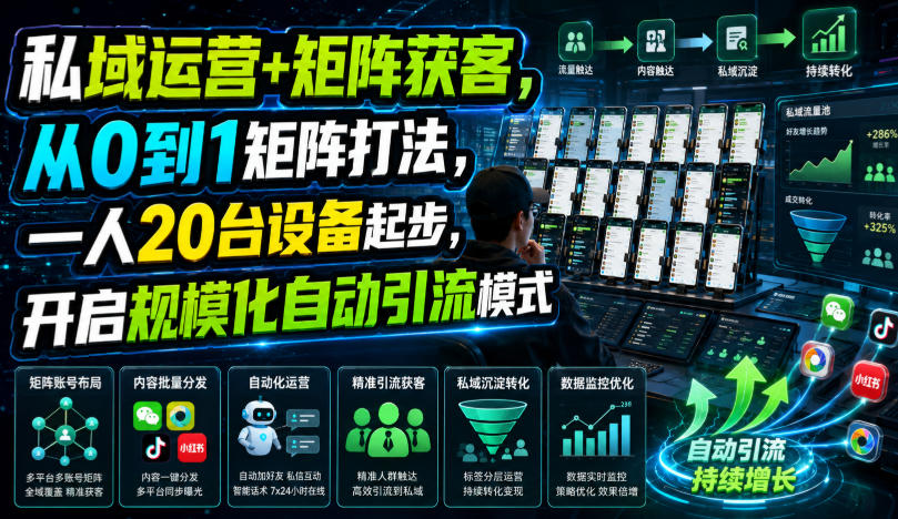 私域运营+矩阵获客，从0到1矩阵打法，一人20台设备起步，开启规模化自动引流模式！-云创网