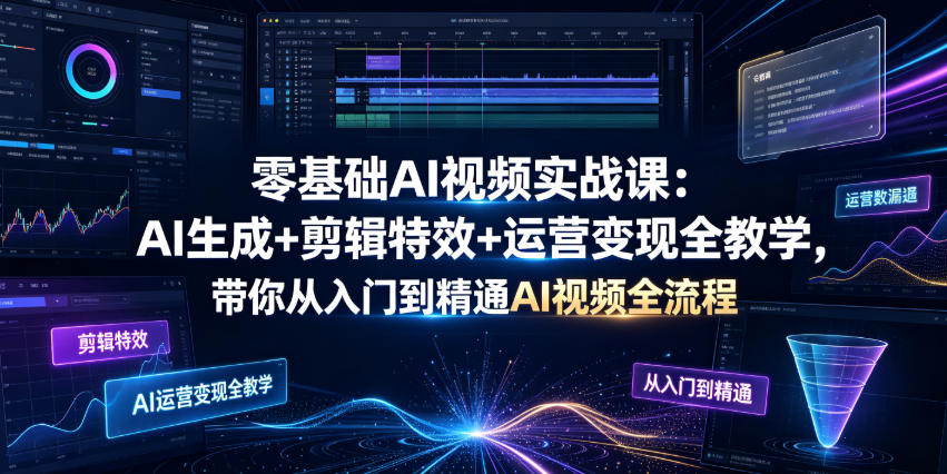 零基础AI视频实战课：AI生成+剪辑特效+运营变现全教学，带你从入门到精通AI视频全流程-云创网
