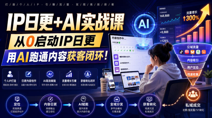 IP日更+AI实战课，从0启动IP日更，IP置顶视频制作+100条选题库搭建+10条日更规划，用AI跑通内容获客闭环!-云创网