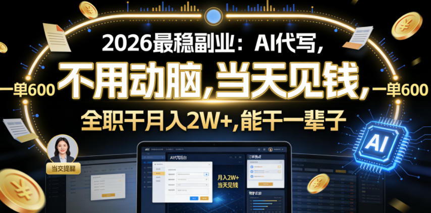 2026最稳副业：AI代写，不用动脑，当天见钱，一单600，全职干月入2W+，能干一辈子【揭秘】-云创网