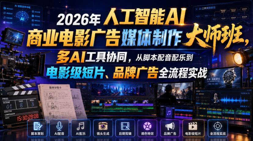 2026年人工智能AI商业电影广告媒体制作大师班，多AI工具协同，从脚本配音配乐到电影级短片、品牌广告全流程实战（中英字幕）-云创网