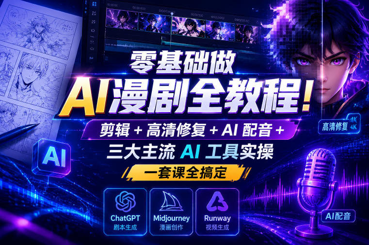 零基础做AI漫剧全教程！剪辑+高清修复+AI配音+三大主流AI工具实操，一套课全搞定-云创网