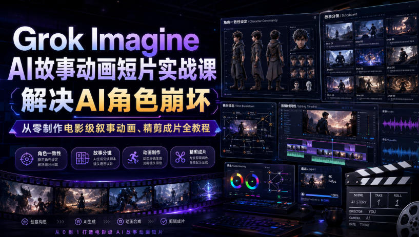 Grok Imagine AI故事动画短片实战课｜解决AI角色崩坏，从零制作电影级叙事动画、精剪成片全教程（中英字幕）-云创网