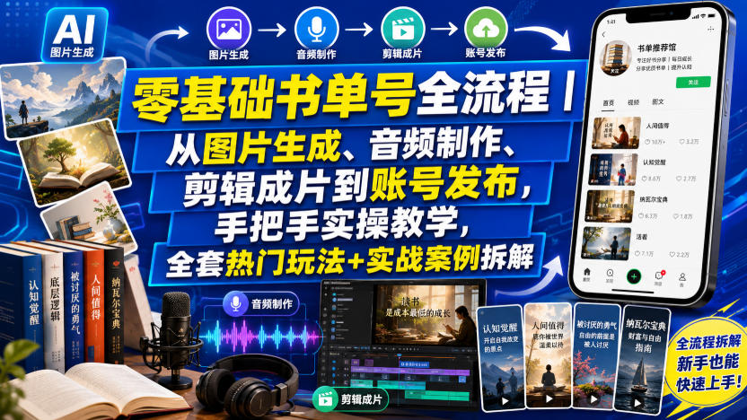 零基础书单号全流程｜从图片生成、音频制作、剪辑成片到账号发布，手把手实操教学，全套热门玩法+实战案例拆解-云创网
