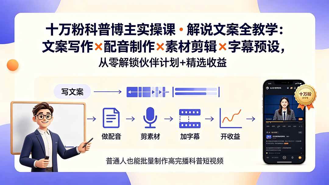 （19275期）10万粉科普博主实操课-解说文案全教学：文案写作×配音制作×素材剪辑×字幕预设，从零解锁伙伴计划+精选收益-云创网