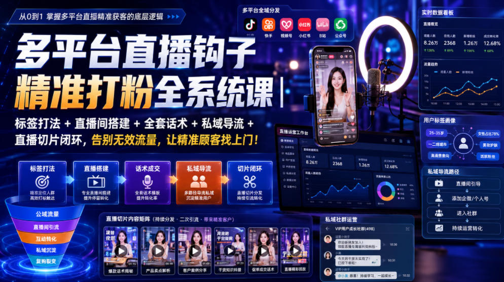 多平台直播钩子精准打粉全系统课｜标签打法+直播间搭建+全套话术+私域导流+直播切片闭环，告别无效流量，让精准顾客找上门！-云创网