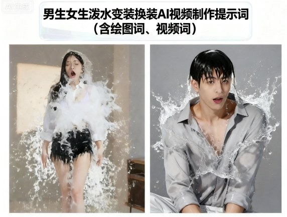 男生女生泼水变装换装AI视频制作提示词(含绘图词、视频词)-云创网