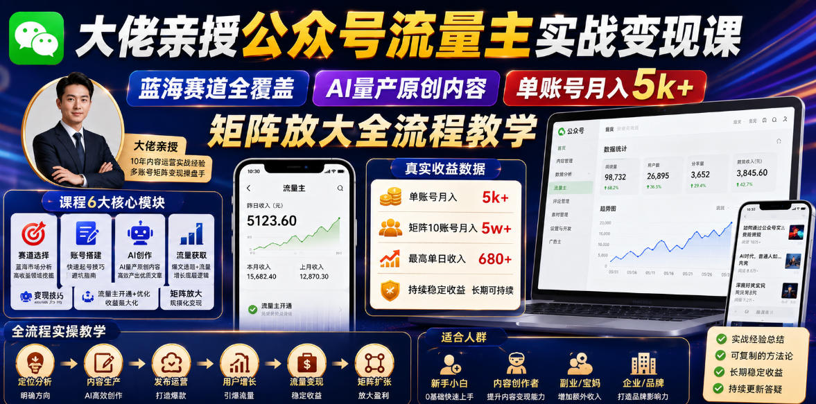 大佬亲授公众号流量主实战变现课，蓝海赛道全覆盖，AI量产原创内容，单账号月入5k+矩阵放大全流程教学-云创网