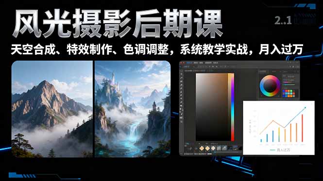 风光摄影后期课，一键换天空合成、特效制作、色调调整，月入过万-云创网