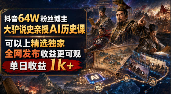 抖音64W粉丝博主大驴说史亲授AI历史课，可以上精选独家，全网发布收益更可观，单日收益1k+-云创网