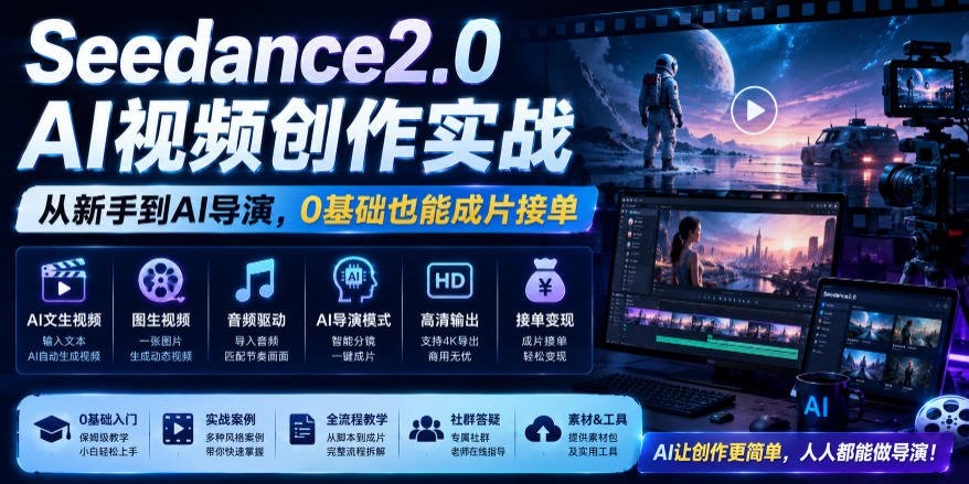 Seedance2.0 AI视频创作实战，从新手到AI导演，0基础也能成片接单变现-云创网