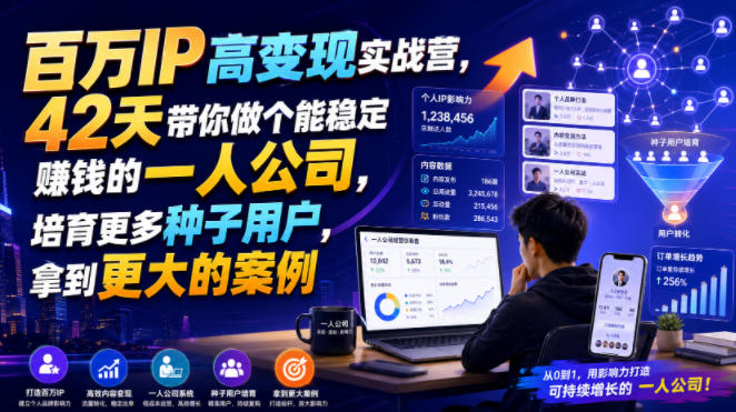 百万IP高变现实战营，42天带你做个能稳定賺钱的一人公司，培育更多种子用户，拿到更大的案例-云创网