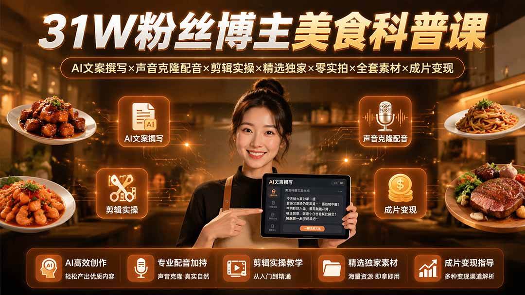 （19558期）31W粉丝博主美食科普课：AI文案撰写×声音克隆配音×剪辑实操×精选独家×零实拍×全套素材×成片变现-云创网