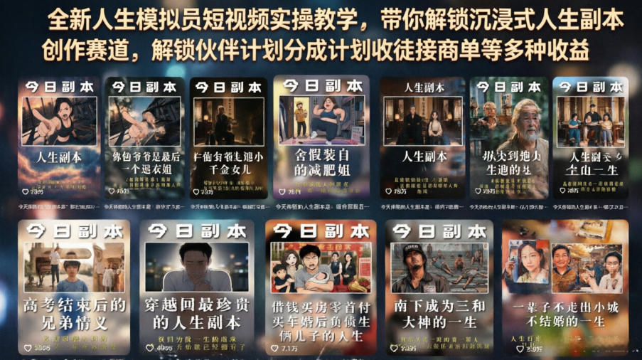 全新人生模拟员短视频实操教学，带你解锁沉浸式人生副本创作赛道，解锁伙伴计划分成计划收徒接商单等多种收益-云创网