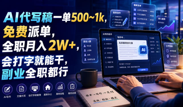 AI代写稿一单500~1k，免费派单，全职月入2W+，会打字就能干，副业全职都行【揭秘】-云创网