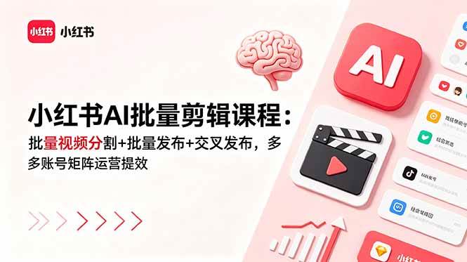 （18959期）小红书AI批量剪辑课程：批量视频分割+批量发布+交叉发布，多账号矩阵运营提效-云创网