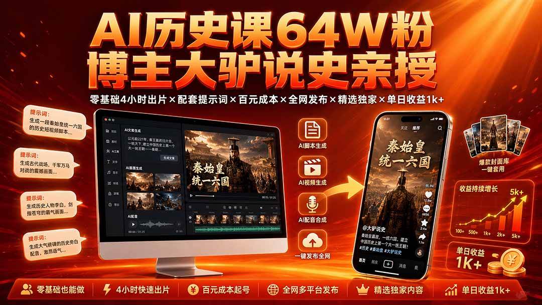 （19557期）AI历史课64W粉博主大驴说史亲授：零基础4小时出片×配套提示词×百元成本×全网发布×精选独家×单日收益1k+-云创网