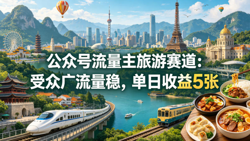 公众号流量主之旅游赛道，受众广+流量稳，平均单日收益5张+-云创网