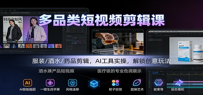 多品类短视频剪辑课：服装/酒水/药品剪辑，AI工具实操，解锁创意玩法-云创网