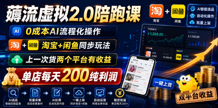 薅流虚拟2.0陪跑课，0成本AI流程化操作，淘宝+闲鱼同步玩法，上一次货两个平台有收益，单店每天200纯利润-云创网