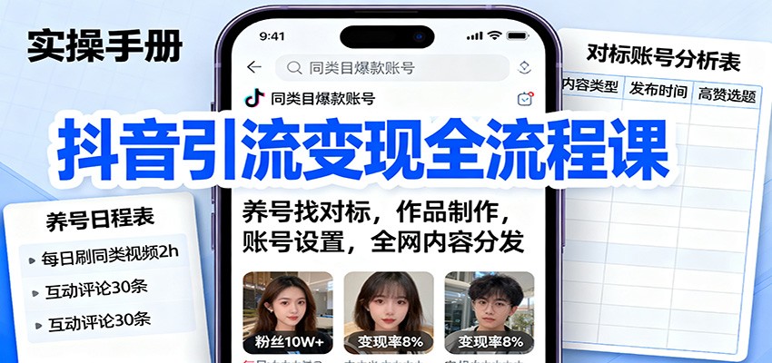 抖音引流变现全流程课：养号找对标，作品制作，账号设置，全网内容分发-云创网