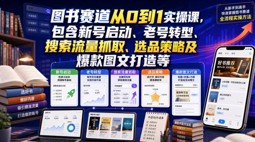 图书赛道从0到1实操课，包含新号启动、老号转型、搜索流量抓取、选品策略及爆款图文打造等-云创网
