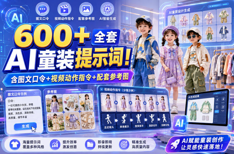 600+全套AI童装提示词！含图文口令+视频动作指令+配套参考图，Word-Excel规整分类，童装电商、种草无脑量产内容！-云创网