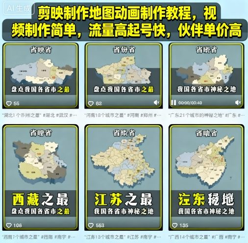 剪映制作地图动画制作教程，视频制作简单，流量高起号快，伙伴单价高-云创网