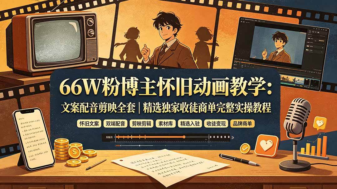 （19499期）66W粉博主怀旧动画教学：文案配音剪映全套｜精选独家收徒商单完整实操教程-云创网