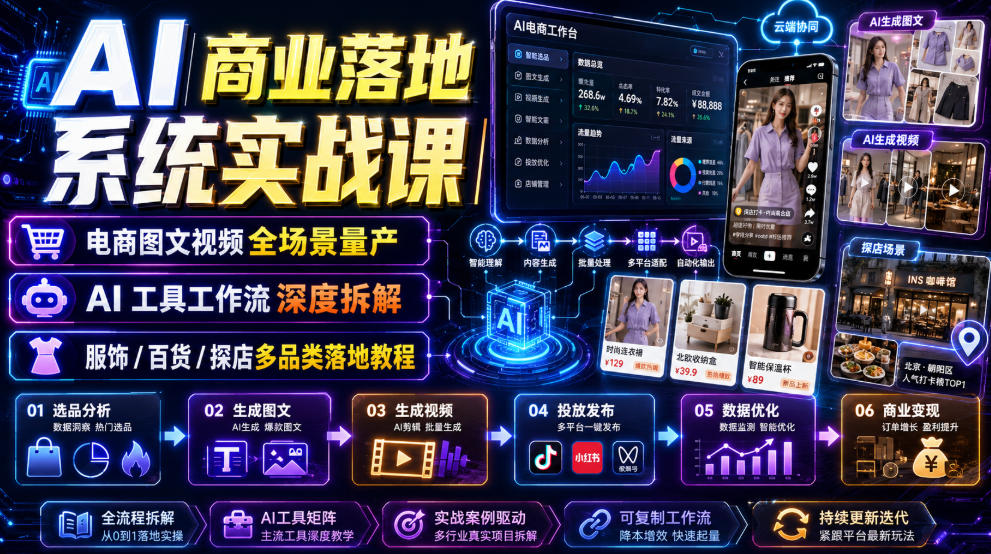 AI商业落地系统实战课｜电商图文视频全场景量产・AI工具工作流深度拆解・服饰/百货/探店多品类落地教程-云创网
